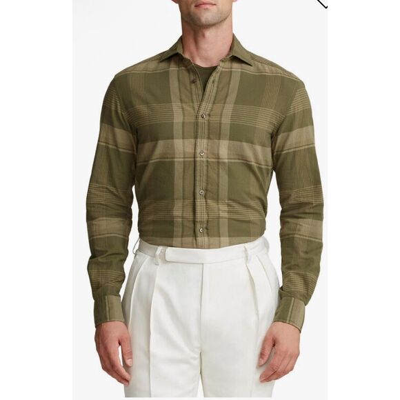 Ralph Lauren Purple Label Shirt Men XL Farm Olive Madras Plaid Italy NWT $500